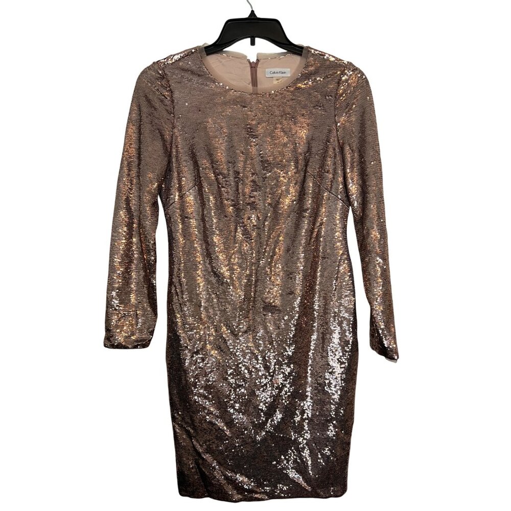 Calvin Klein Womens Rose Gold Sequin Long Sleeve Cocktail Dress Size 10